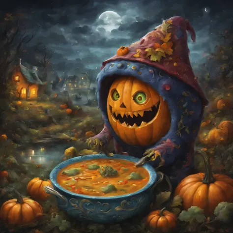 colorful soup monster,(Carved pumpkin), artistically expressed, stylish alexander jansson, amazingly beautiful work, Landscape characters and elements fit perfectly within the image frame, Detailed realization, Definition High Quality, expressive face, cle...