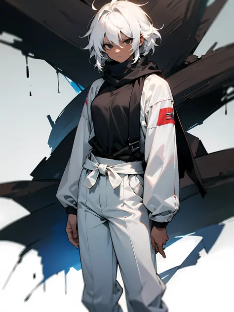 1female, darkskin, black eyes, white hair, messy hair, white baggy pants, black scarf, black yukata, muscular, tied to waist, serious