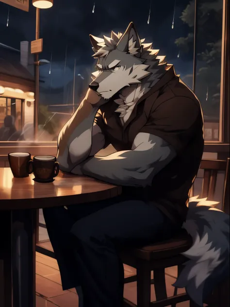 anthro wolf, furry, rain, armed,sad expression,white wolf,, night, handsome, sitting,coffee,coffee shop, masterpiece, casual clo...