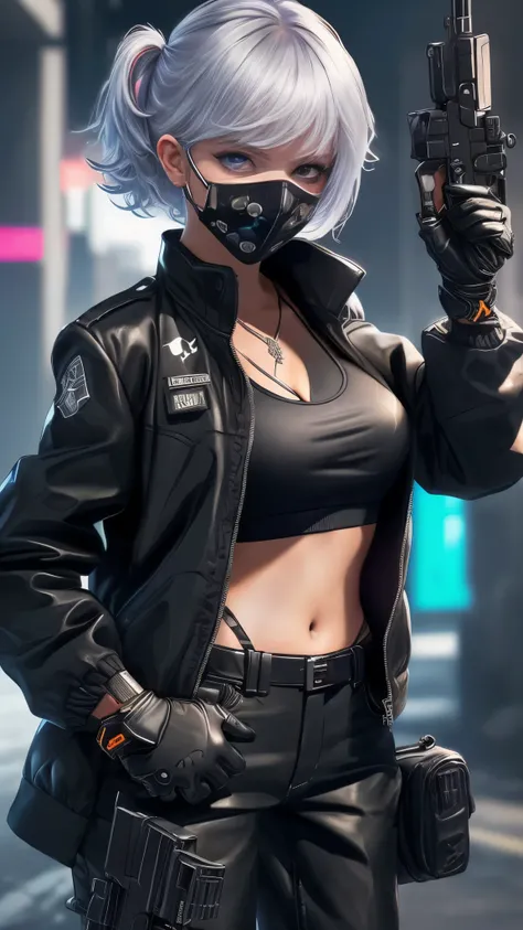 1girl, weapon, holding weapon, gun, cyberpunk, solo, mouth mask, mask, holding, pants, breasts, jacket, black jacket, neon lights, holding gun, black pants, midriff, cleavage, navel, sunglasses, night, looking at viewer, gloves, blue eyes, assault rifle, s...