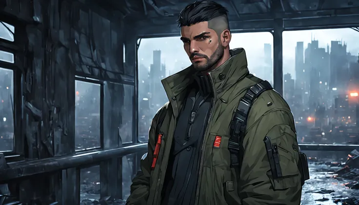 portrait of a (realistic) mysterious student is named (Antonio)) strong, military type man, ((masculine)), wears baggy clothes, has a small beard, ((thick neck)), big, buzz cut hair, many scars on face, in an abandoned area, behind the windows is a very da...