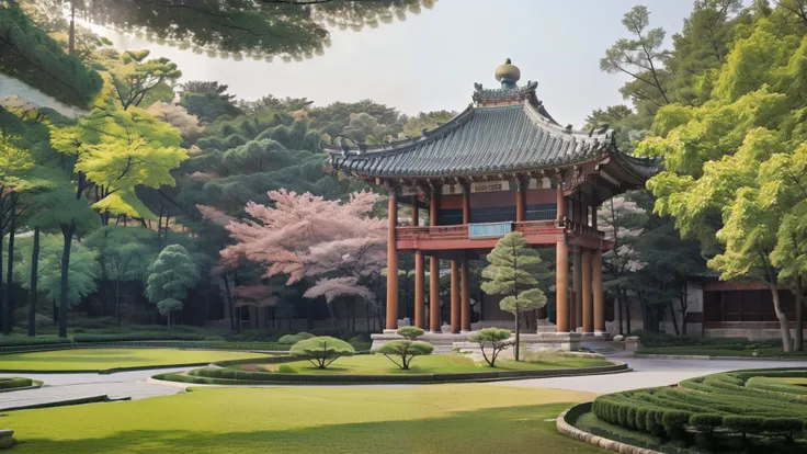 ((korean exterior)), (best quality)),((masterpiece)),((realistic)), Korean palace, korean architectural elements, day time, sun light, shade, trees, sky, cloud, outdoor RAW photo, subject, 8k, dslr, soft lighting, high quality, film grain, Fujifilm XThotor...