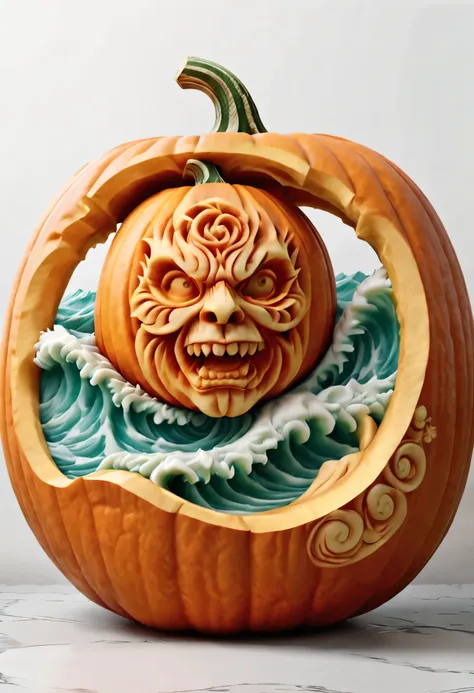 best quality, ultra-detailed, photorealistic,3D rendering, pumpkin carving, Round logo of Sea Waves carving