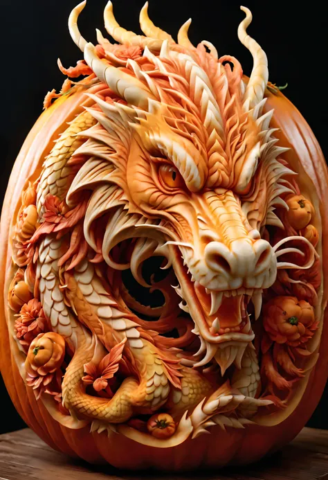 best quality, ultra-detailed, photorealistic,3d rendering, pumpkin carving, chinese dragon carving