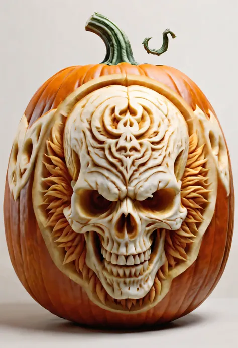 best quality, ultra-detailed, photorealistic,3d rendering, pumpkin carving, demonic skull carving