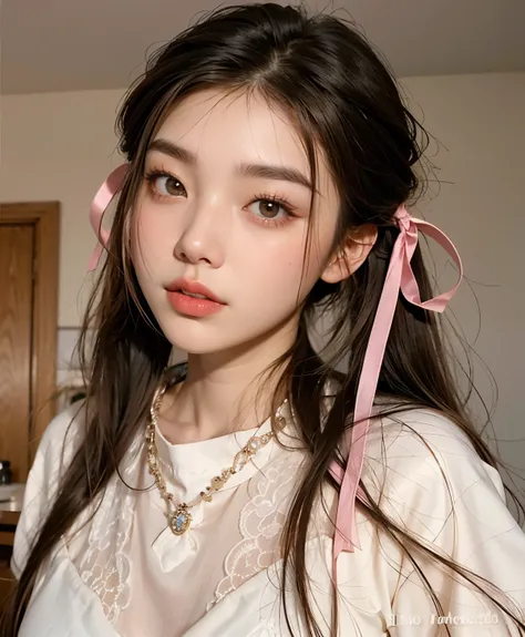 there  a woman with a pink ribbon around her head, ulzzang, korean girl, young cute wan asian face, young adorable korean face, pigtails hairstyle, wan adorable korean face, blackpink jennie, korean face features, two pigtails hairstyle, beautiful south ko...