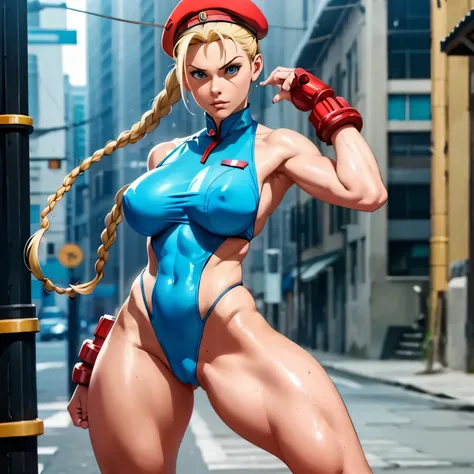 street fighter alone cammy white, two long blonde braids, wearing beret pattern costume, Low-cut swimsuit, luvas e botas, thin chest, seios redondos, cintura fina, coxas grossas.
