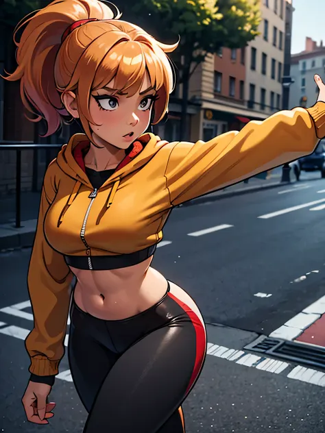 ((masterpiece, best quality)), night, 1girl, medium hair, ponytail, bangs, strawberry blonde hair, on road, grey eyes, (tan) skin, makeup, athletic, hoody, unzipped open hoody, (((dancing on street))), large breasts, red sports bra, black sports leggings,