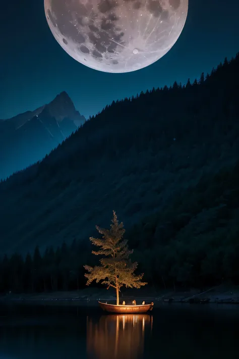 solitary boat，full moon，dead tree，Mountain，night，dreary