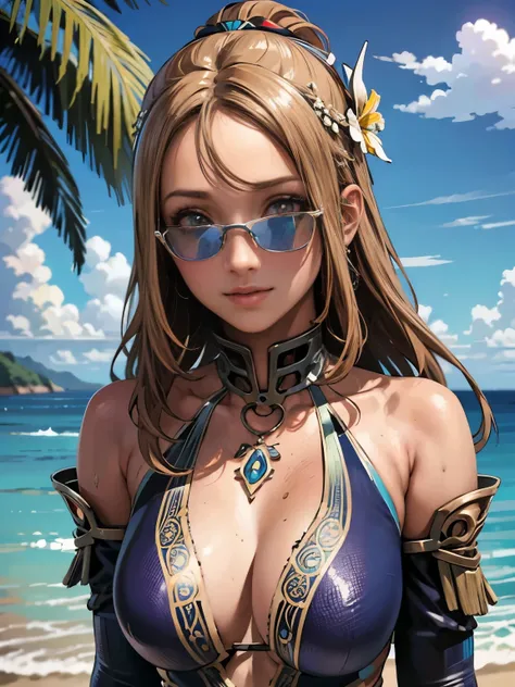 high resolution, mais alta qualidade, Illustrations, super detalhe, (rosto detalhado), (olhos detalhados) , praia, diving swimsuit, sozinha, sunglasses, rosto bonito, pele detalhada, cabelo realista, textura perfeita