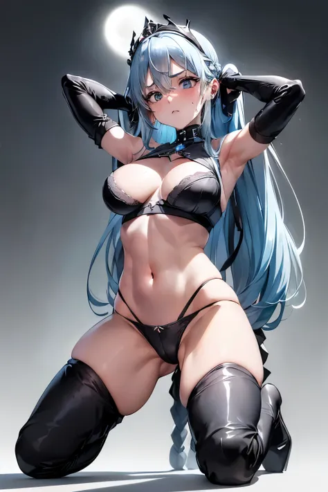 muste piece, best quality, 1 girl,light blue hair, (black eye:1.2),((((black underwear))))、((first round))、((embarrassed expression))、((full moon))、((Photo from below))、(((thigh high boots)))、((long hair))、((Black Long Gloves))、((Kneeling))、((black panties...