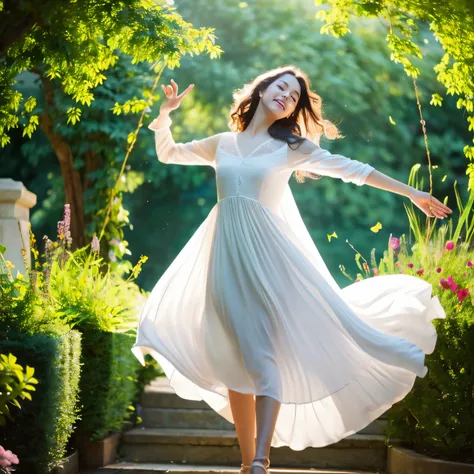 (best quality,4k,8k,highres,masterpiece:1.2),ultra-detailed,(realistic,photorealistic,photo-realistic:1.37),A girl dancing who has beautiful blue eyes and is 1.60 meters tall in a garden,illustration,soft brushstrokes,vibrant colors,natural lighting,pastel...