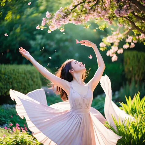 (best quality,4k,8k,highres,masterpiece:1.2),ultra-detailed,(realistic,photorealistic,photo-realistic:1.37),A girl dancing who has beautiful blue eyes and is 1.60 meters tall in a garden,illustration,soft brushstrokes,vibrant colors,natural lighting,pastel...