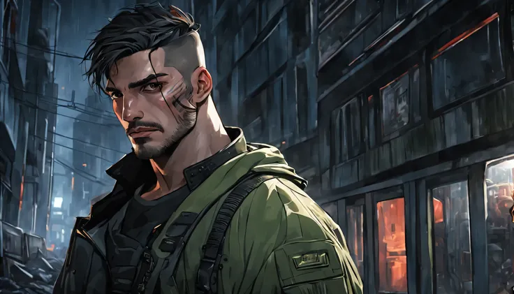 portrait of a (realistic) mysterious student is named (Antonio)) strong, military type man, ((masculine)), wears baggy clothes, has a small beard, ((thick neck)), big, buzz cut hair, many scars on face, in an abandoned area, behind the windows is a very da...