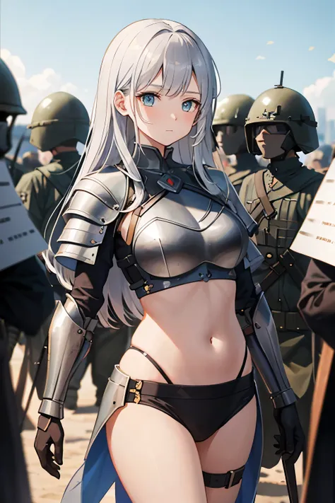 A girl in armor stands in front of a large group of soldiers.、Soldiers of the Middle Ages、girl with belly button exposed、Girl with long silver hair