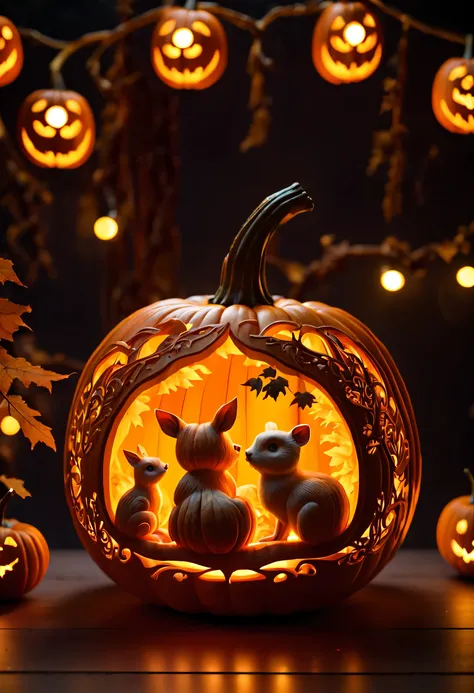 (((Beautiful carving on pumpkin,精美的Empty图案))),Empty,There are warm lights inside the pumpkin,There are cute little animals inside,Glow example,Ray tracing。