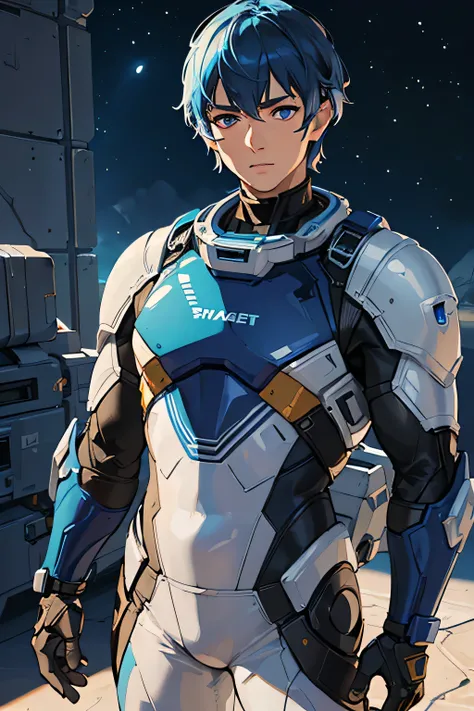 (masterpiece:1.2,high quality), male, ((ultra realistic details)), global illumination, shadows, Unreal Engine, 8k, ultra sharp, blue eyes, blue hair, guy, short hair, masculine, adult man, space suit