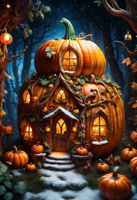 Its snowing,There an exquisite pumpkin house in the dreamy magic forest,Beautiful carving on pumpkin,Empty,There are warm lights inside the pumpkin,Cute little animals
