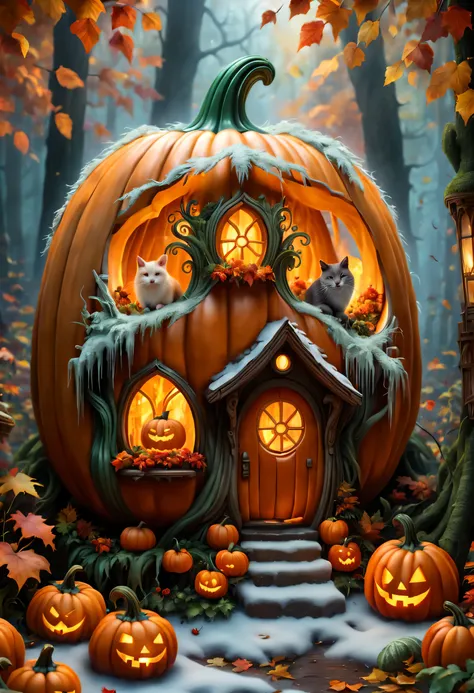 (best quality,4K,8k,high resolution,masterpiece:1.2),Super detailed,(actual,photoactual,photo-actual:1.37),snow,enchanted forest,fantasy,Halloween Pumpkin House,Beautifully carved pumpkins,hollow out,Pumpkin interior glows softly and warmly,Cute little ani...