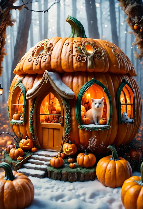 it's snowing，there  an exquisite pumpkin house in the dreamy magic forest，beautiful carving on pumpkin，empty，there are warm ligh...