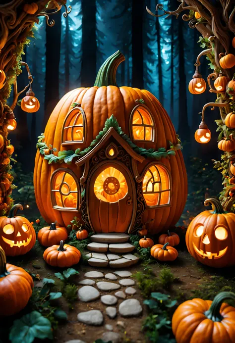 there  a pumpkin house in the enchanted forest，beautiful carving on pumpkin，empty，there are warm lights inside the pumpkin，cute ...