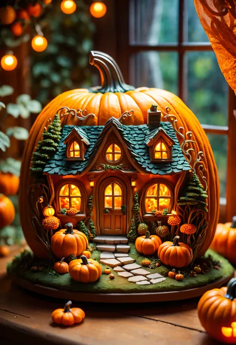 (enchanted forest,engraving process,miniature landscape,pumpkin carving,exquisite pumpkin hut,warm lights inside the pumpkin hou...