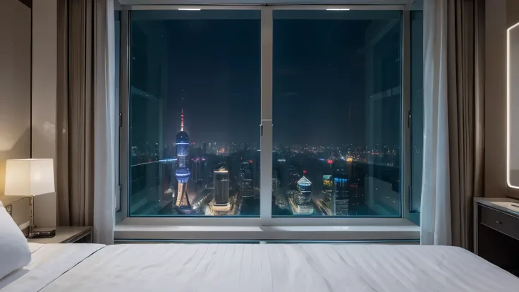 Room, luxury, white modern, hotel, two big bed side of room, large window, futuristic city outside of window, Shanghai, night time, no one, 8k quality, high details, masterpiece