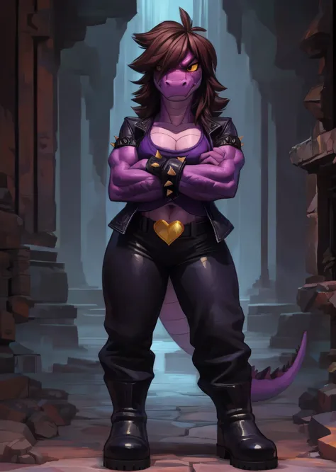 [susie], [Deltarune], [Uploaded to e621.net; (Pixelsketcher), (wamudraws), (woolrool)], ((masterpiece)), ((HD)), ((high res)), ((solo portrait)), ((front view)), ((feet visible)), ((scalie; anthro)), ((detailed fur)), ((detailed shading)), ((beautiful rend...