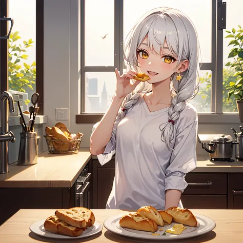 ((best quality)), ((masterpiece)), (detailed), 1 Girl, perfect face, sunny day, dramatic sun light, eating bread in the kitchen, white shirt, wide smile, eyes closed, enjoying food, long wavy hair, lace braided hairstyle, gold star earring, white hair, yel...