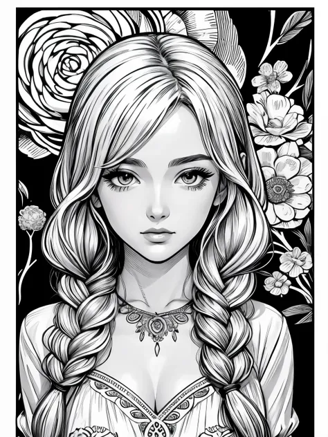 Black and white stick figure, full body shot, one ultra hot gorgeous european woman, age 23, blonde braided hair,  lots of flowers in background, loli in dress with flowers, its fine ink line art, comic style, portrait of ploynesian girl, Marilyn Munroe, H...