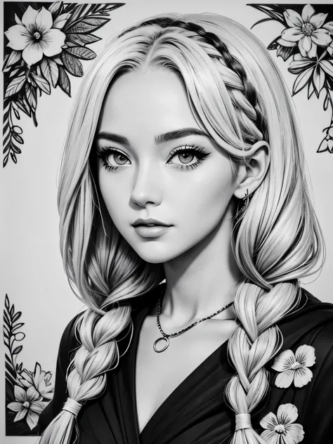 Black and white stick figure, full body shot, one ultra hot gorgeous european woman, age 23, blonde braided hair,  lots of flowers in background, loli in dress with flowers, its fine ink line art, comic style, portrait of ploynesian girl, Marilyn Munroe, H...