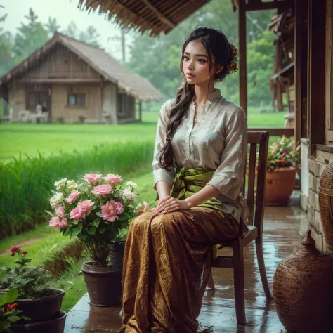 there a woman sitting on a chair in the rain, traditional beauty, rainy afternoon, beautiful digital artwork, day after raining, by Rudy Siswanto, inspired by Rudy Siswanto, rainy day outside, after the rain, just after rain, under rain, rainy mood, beauti...