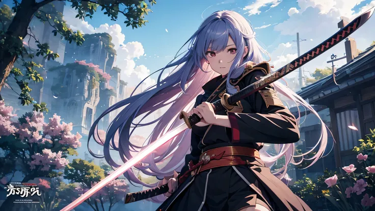 anime girl with long hair holding a sword in her hand, she holding a katana sword, she holding a sword, female action anime girl, (anime girl), holding a sword on her shoulder, anime wallpaper, female anime character, anime wallaper, 4k anime wallpaper, an...