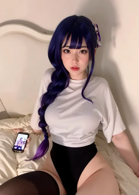 araffe with purple hair and a white shirt sitting on a bed, anime girl , anime girl in real life, anime , anime waifu, seductive anime girl, perfect android girl, hinata hyuga from naruto, anime inspired, sakimichan, shikamimi, ayaka , kotegawa yui, hinata...