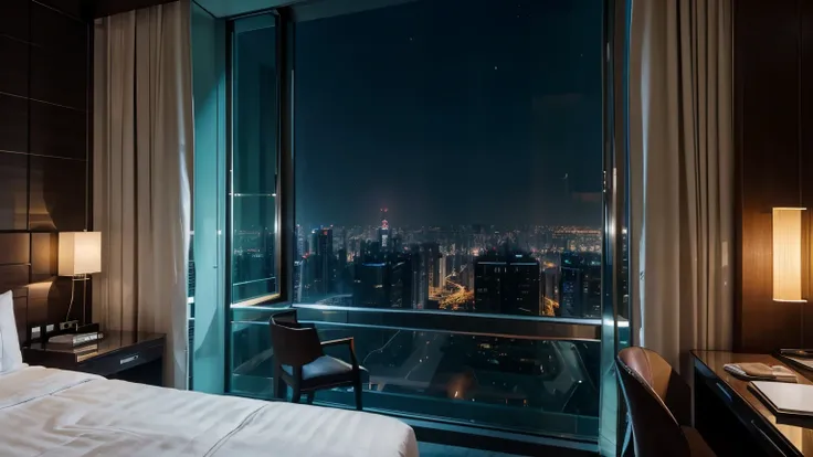 Room, large room, luxury, modern, hotel, two big bed side of room, full room view, large window, futuristic city outside of window, window close, Shanghai, night time, no one, 8k quality, high details, masterpiece