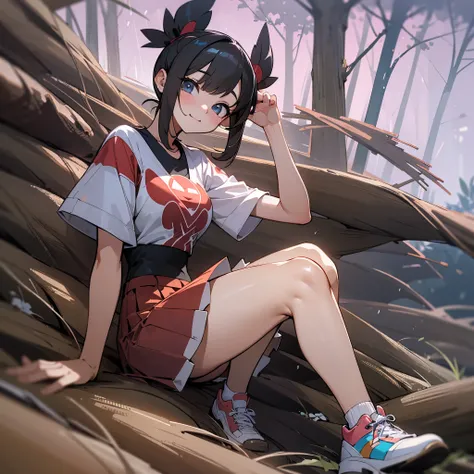 Masterpiece in UHD, with sharp details, in the style inspired by Ken Sugimori for Pokemon. A 20-year-old woman stands out in intense rain in the sunset forest. Wearing a white t-shirt with short red sleeves, a pleated black chadres skirt, and white sneaker...