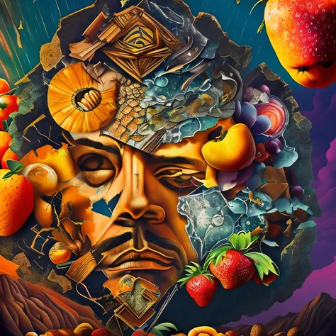 a poster with a surrealist illustration of a face of a cracked greek style broken statue of a man in a psychedelic suit and frui...