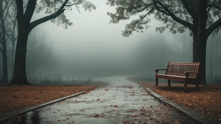 Cinematic scene, gray chair, back close to the frame, there is a mug of tea on the armrest of the chair, 1 tree in the background, its raining, increased zoom, gloomy atmosphere, high detail, High quality, photo realism