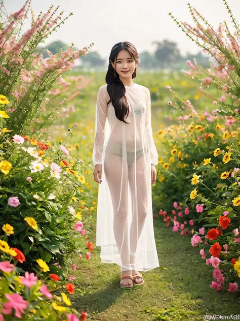 myanmar girl, age 22, from toe to head, standing in flowers, wearing transparent clothes, sexy
