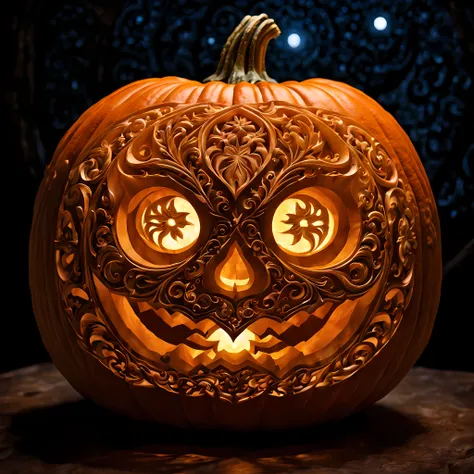 Masterpiece in maximum 16K resolution. | (A meticulously carved pumpkin:1.3) with an intricate rich gothic design. | Complex patterns, (((ethereal glow)), eerie, surreal enchanting moonlit starry night. | ((More_Detail))