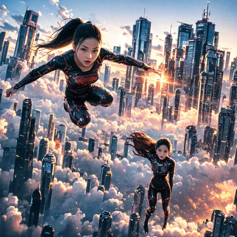 (ultra-detailed, masterpiece:1.2), extremely detailed artwork, best quality, high-resolution, hyper-realistic:1.37, attractive girl, breathtaking leap, background cityscape