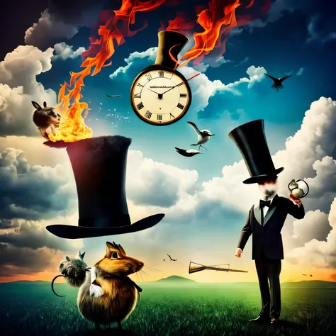 a poster with a surrealist illustration of a headless magician holding a top hat emitting smoke and a giant rabbit holding a clock melting psychedeluc sky in an isolated place post apocalyptic psychedelic style experimental surrealist style