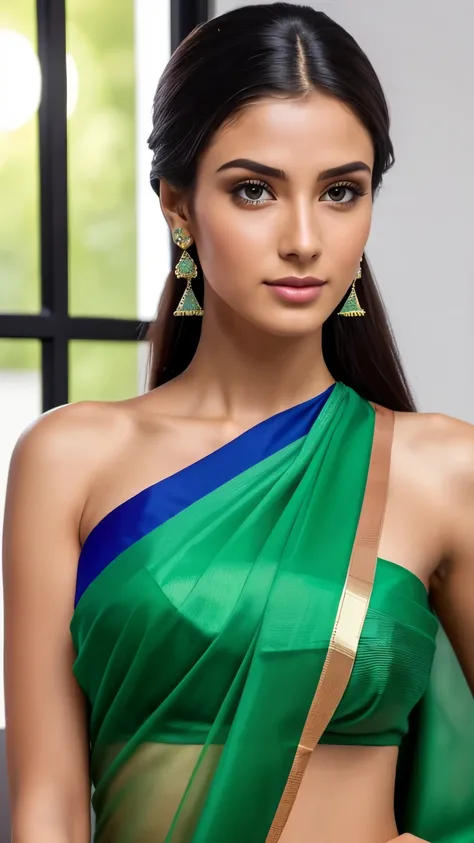 A clear front-facing selfie of a beautiful brunette woman with pony hair tail, wearing a beautiful saree, with green background, imagem de perfil, Supermodelo brasileira, morena com cabelos loiros tingidos, seminua, medium firm breasts, soio, revela seu co...