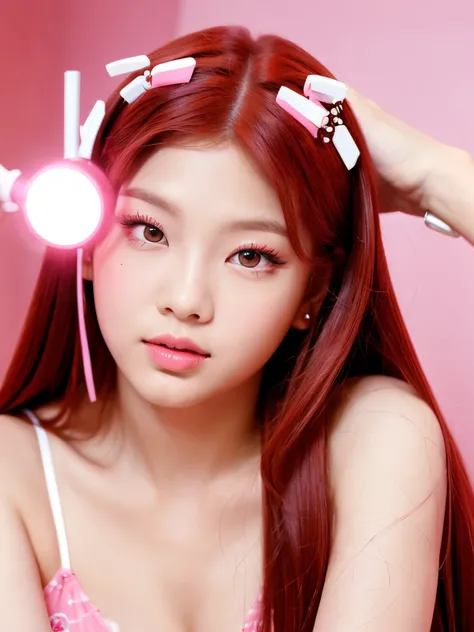 Create images of jennie with straight red hair, light and flashy eyes, pink lips and pink cheeks, in a decorated white room