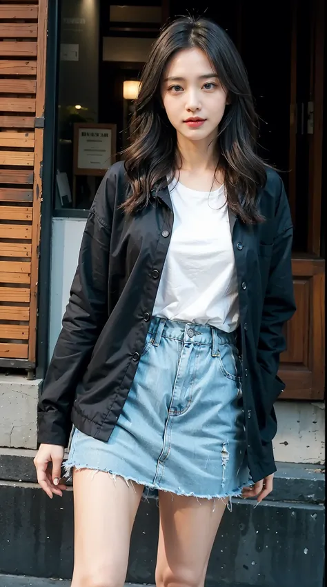 realistic, High resolution, 1 female, glowing skin, alone, tattoo, jewelry, pink lip, long hair, gray hair, blue eyes, closed mouth, hip up, shirt, black skirt, street wear