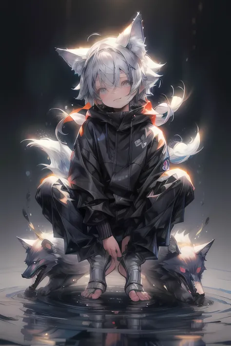 (1boy), (Shota), (HD quality, masterpiece level), cute character, dark gray hair, blue eyes, (wolf ears), (wolf tail), one tail, (no ears), little boy, (ears covered), (hair covered ears), a pinch of blue bangs, full body picture, chubby face, happy, cute ...