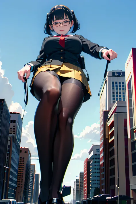 Giant娘 art, surreal high school girl, 非常に詳細なGiantショット, Giant, short hair, a huge high school girl、&#39;It&#39;s much bigger than a skyscraper, wearing rimless glasses, big breasts, big ass, navy blue blazer, red tie, mini length skirt, black pantyhose, Don...