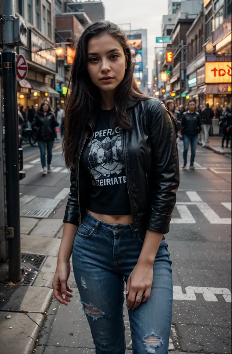 one beautiful woman, rebel, oval face, senseful lips, big brown eyes, 30 years old, slim sporty body, middle size breast, on a street surrounded by neon lights, cyberpunk lighting conditions, 3/4 body, half-side view, wearing black torn jeans, white tshirt...