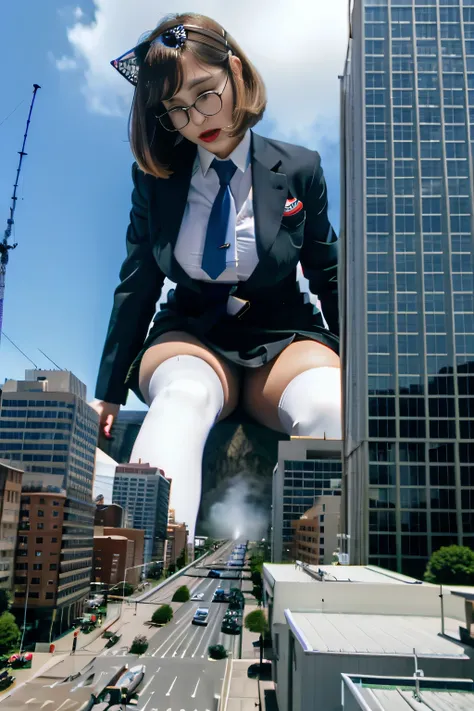 Giant娘 art, surreal high school girl, 非常に詳細なGiantショット, Giant, short hair, a huge high school girl、&#39;It&#39;s much bigger than a skyscraper, wearing rimless glasses, big breasts, big ass, navy blue blazer, red tie, mini length skirt, black pantyhose, Don...