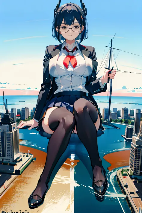 Giant娘 art, surreal high school girl, 非常に詳細なGiantショット, Giant, short hair, a huge high school girl、&#39;It&#39;s much bigger than a skyscraper, wearing rimless glasses, big breasts, big ass, navy blue blazer, red tie, mini length skirt, black pantyhose, Don...